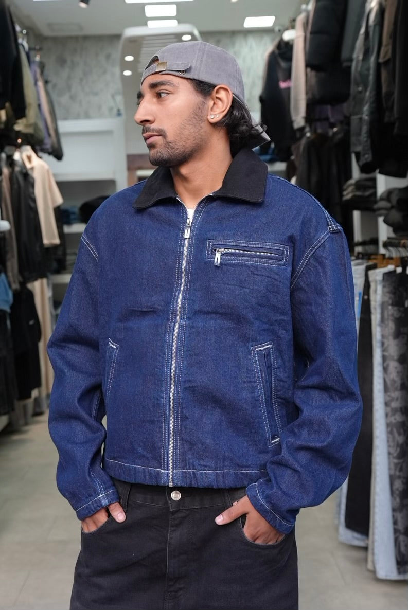 VEST DENIM ZIP BLEU