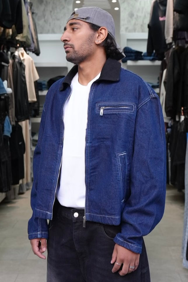 VEST DENIM ZIP BLEU