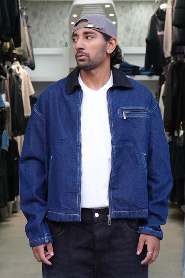 VEST DENIM ZIP BLEU