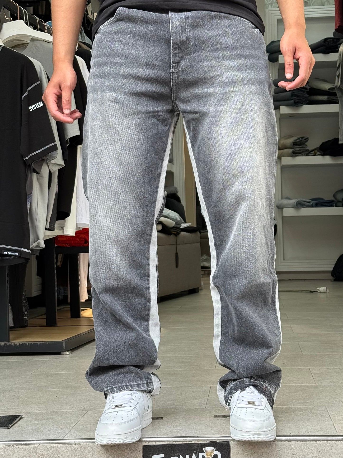JEANS FLARE BANDE BLANC GRIS NOIR