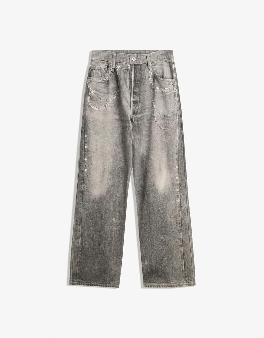 BAGGY JEANS IMPRIME GRIS BERSHKA
