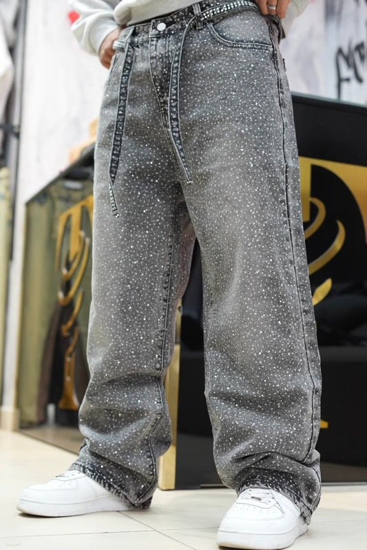 BAGGY JEANS STRASS GRIS