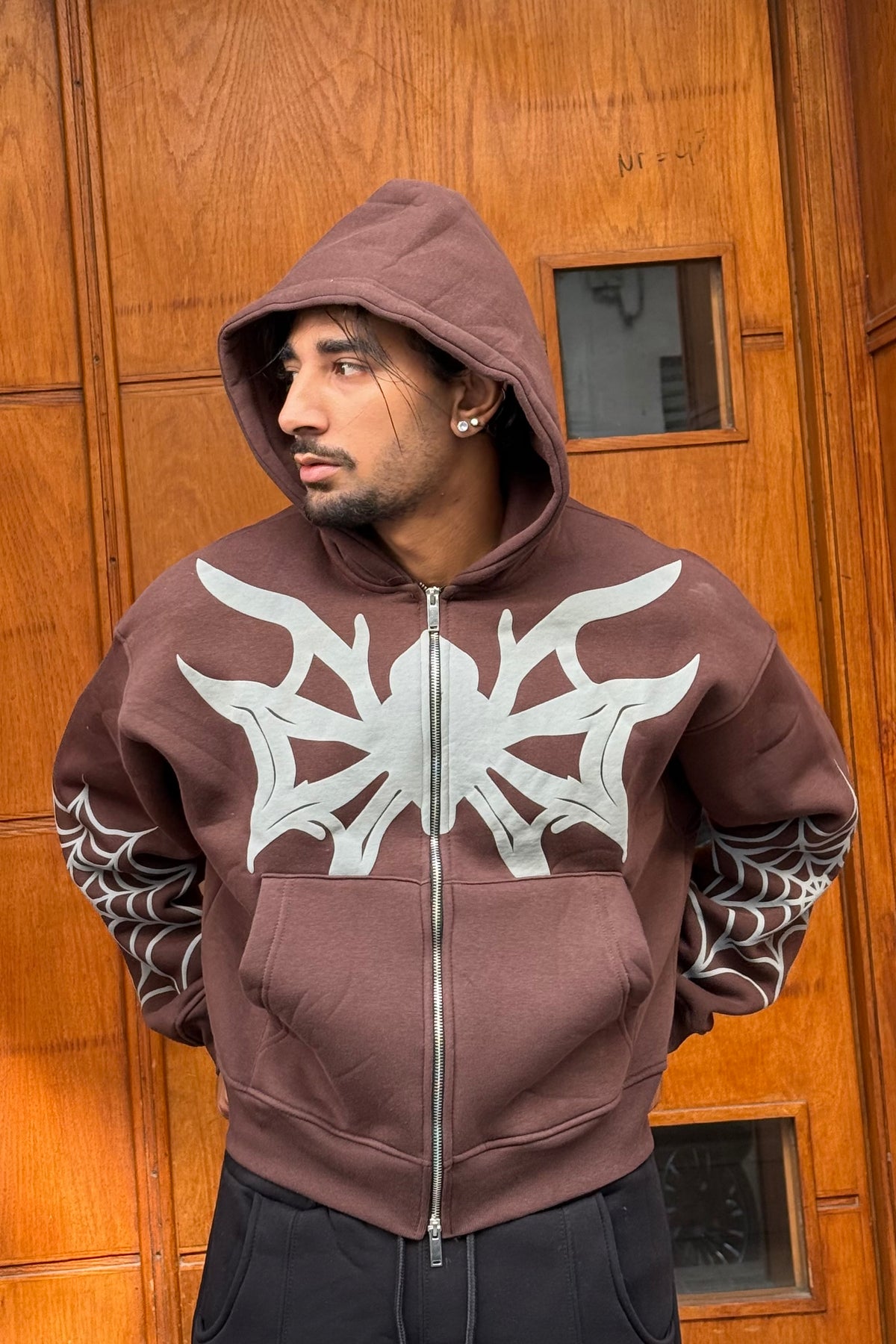 HOODIES CROP ZIP SPIDER BROWN BL