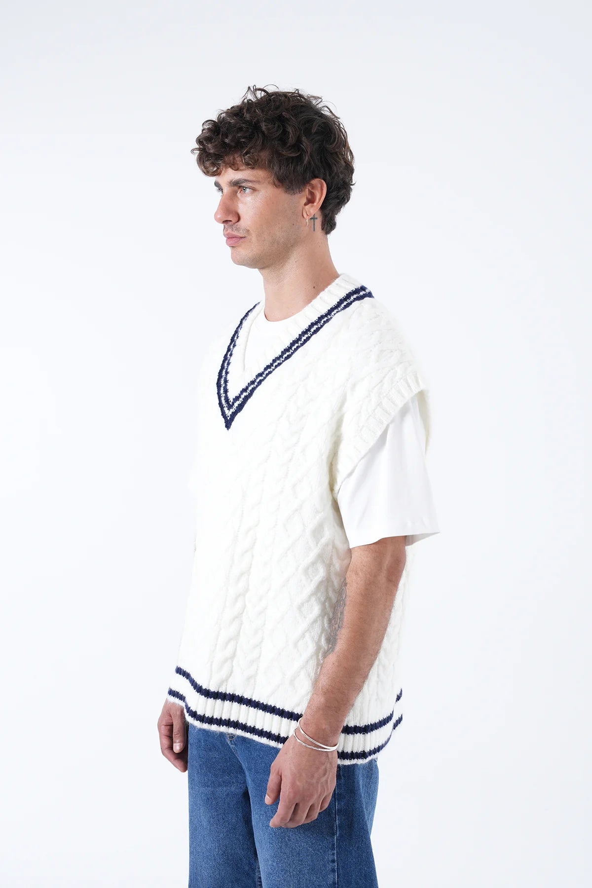 Striped V-Neck Sweater WHITE 3012