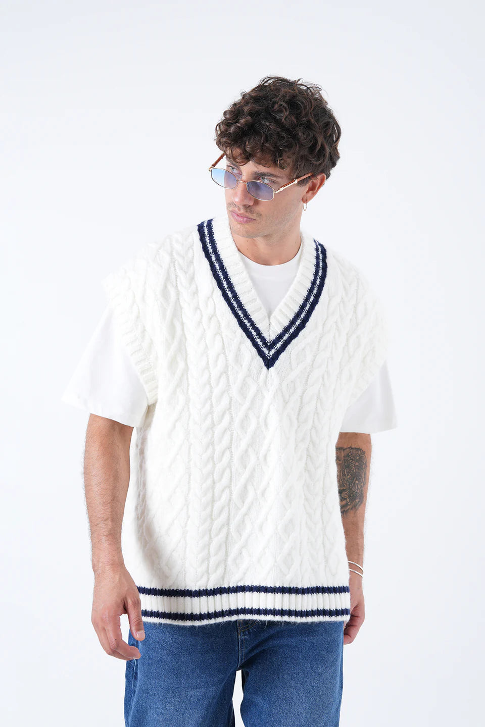 Striped V-Neck Sweater WHITE 3012