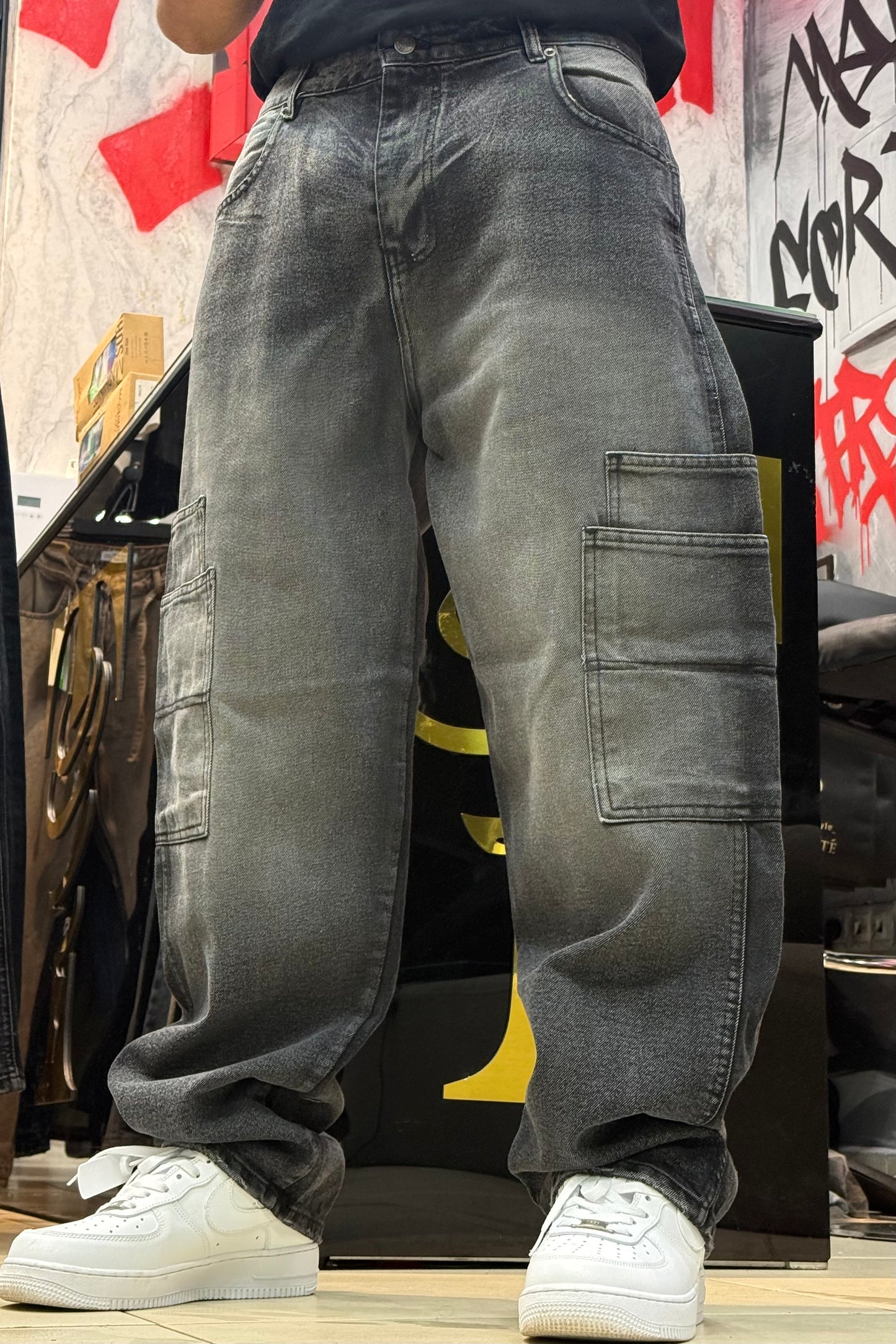 CARGO JEANS DOUBLE POCHE GRIS NOIR