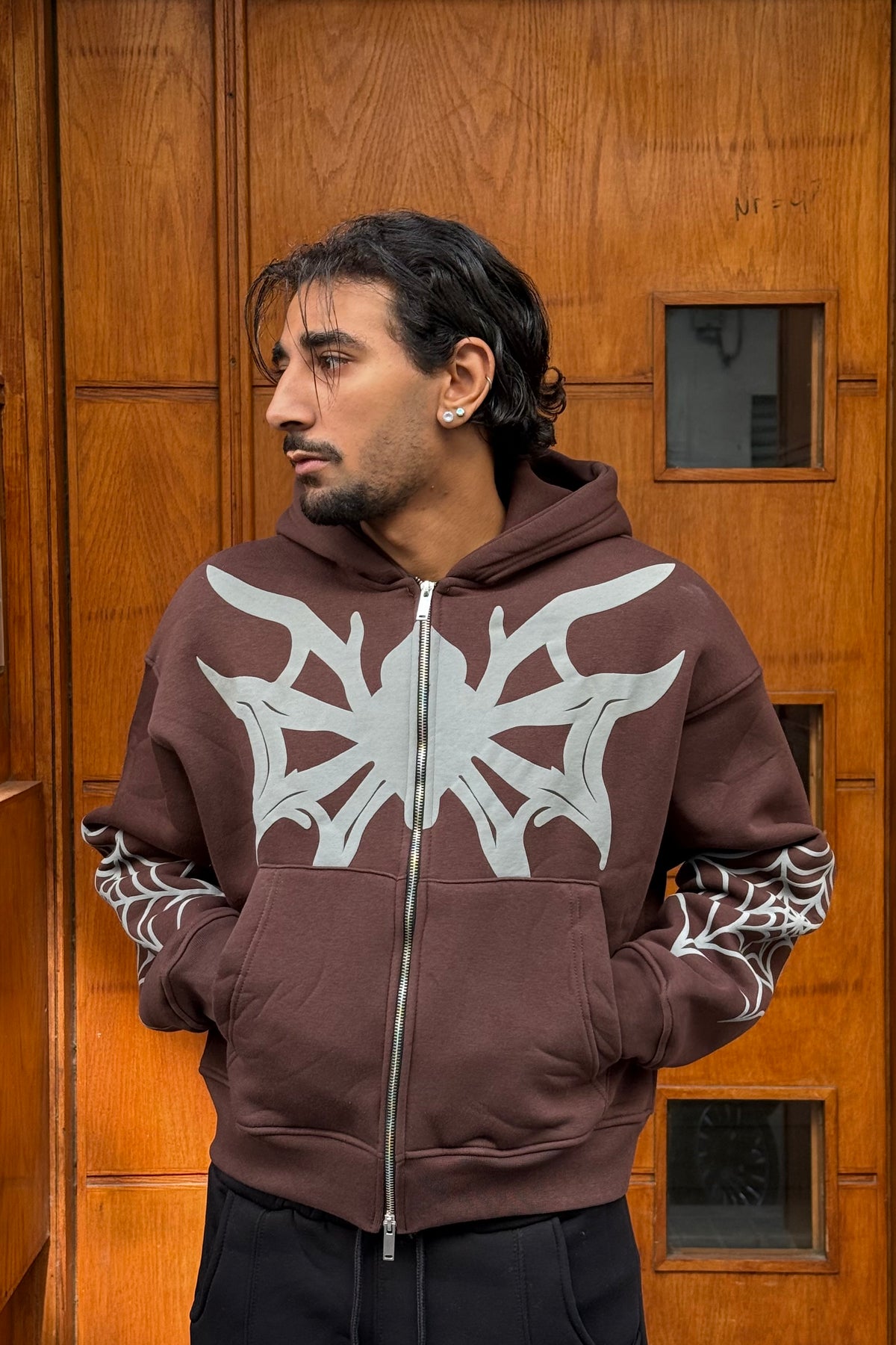 HOODIES CROP ZIP SPIDER BROWN BL