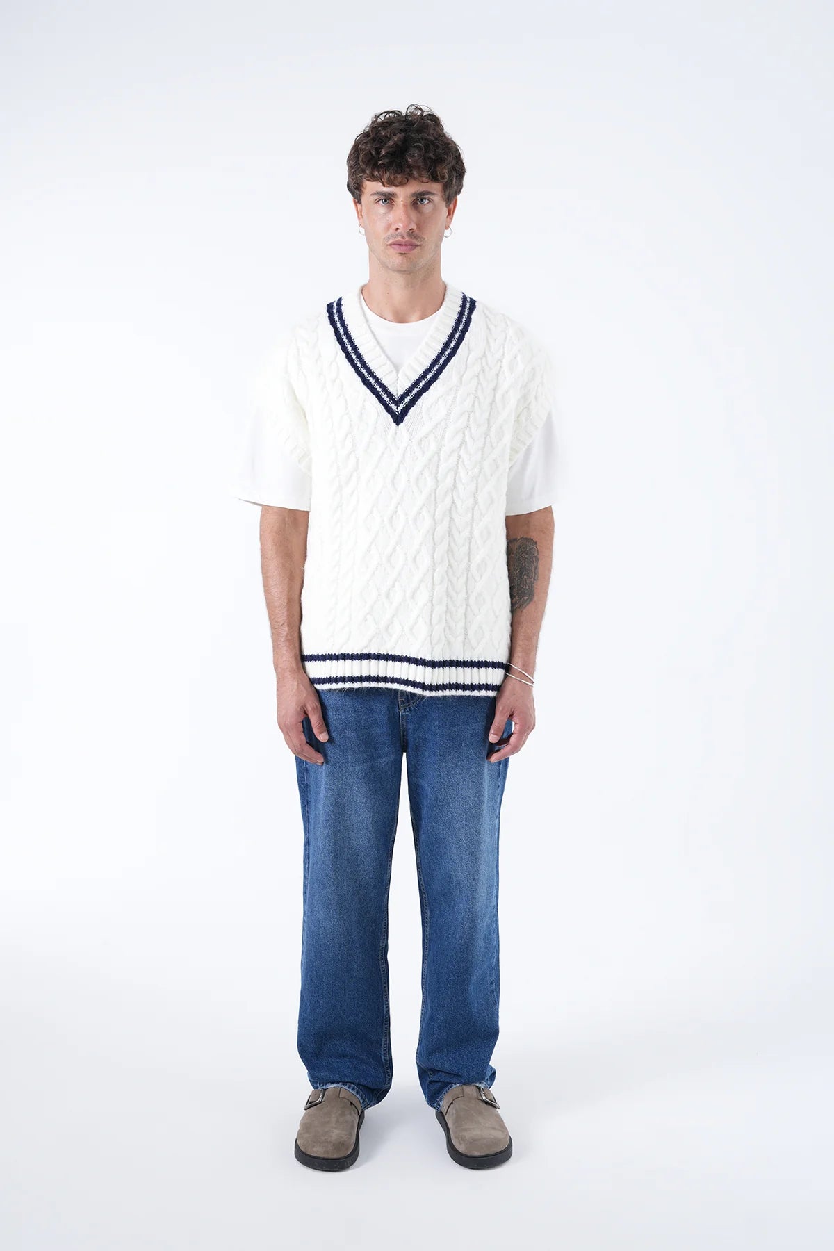Striped V-Neck Sweater WHITE 3012