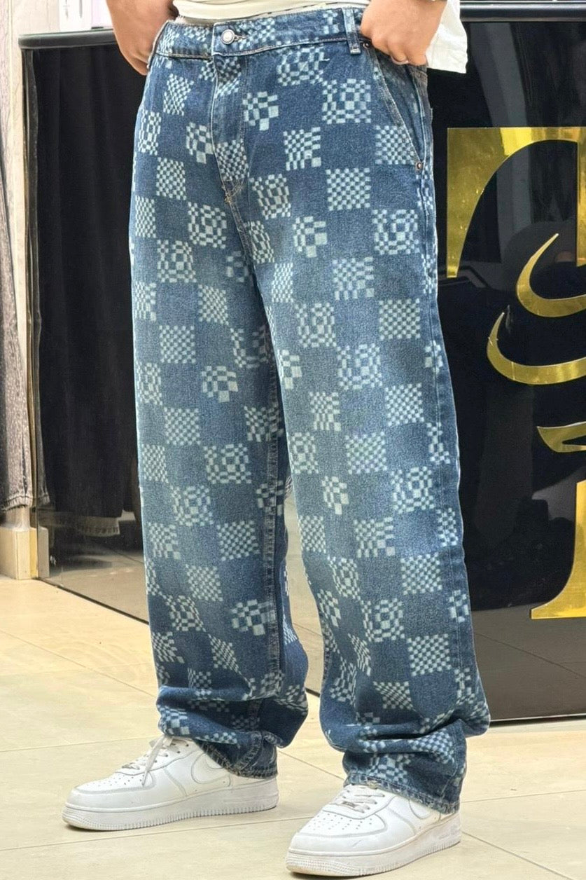 BAGGY JEANS CARREAU IMPRIME BLEU