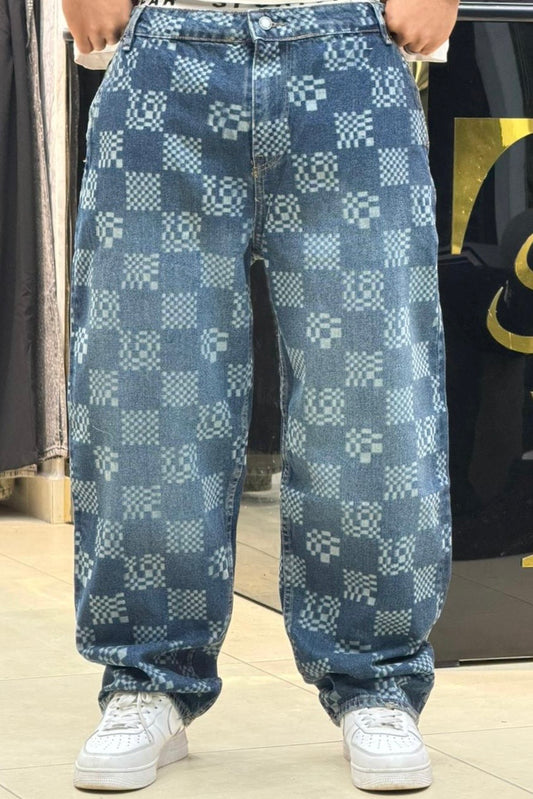 BAGGY JEANS CARREAU IMPRIME BLEU