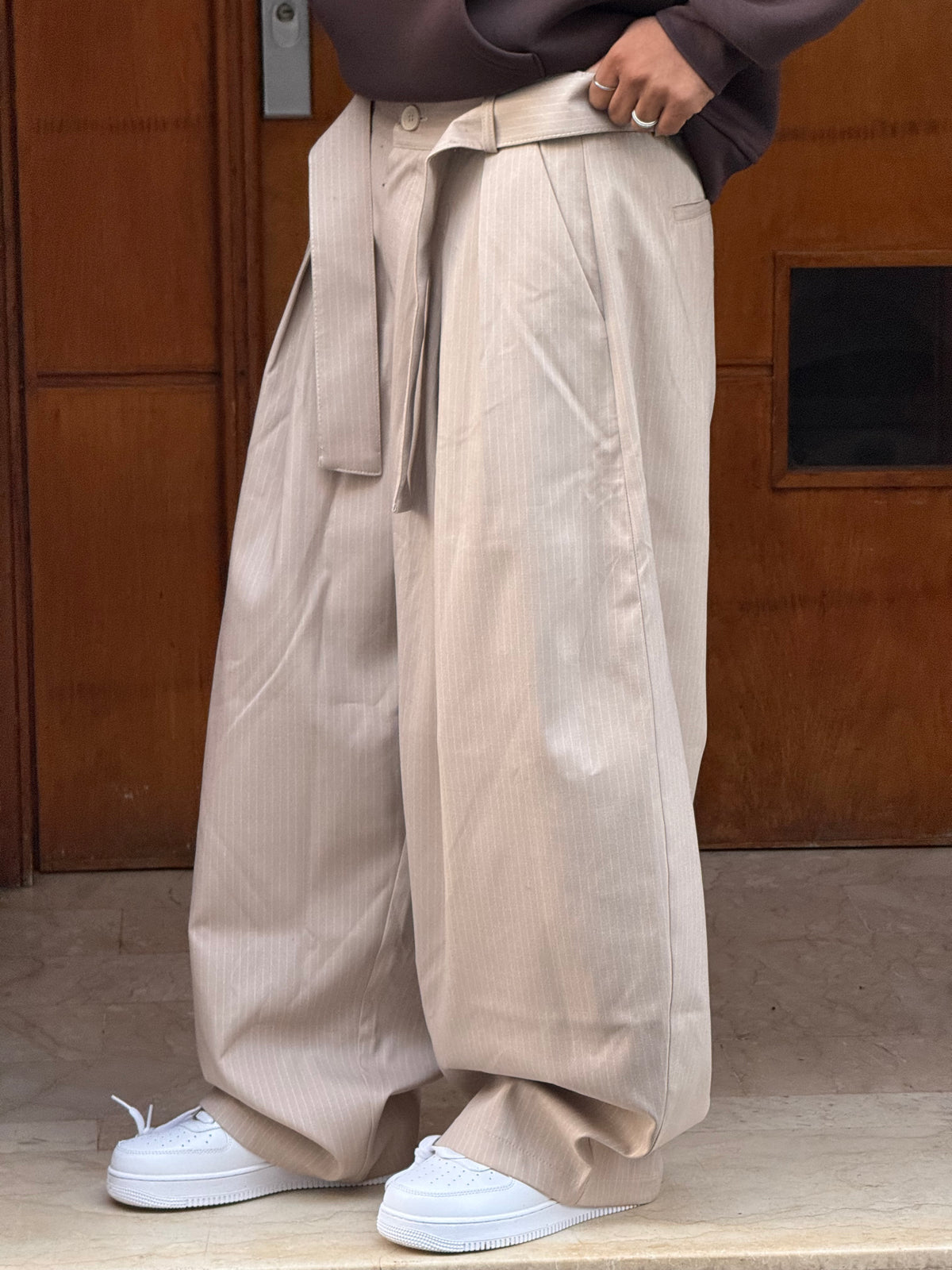 TROUSER PANTS OVERSIZE RAYURES (BEIGE) V80-63