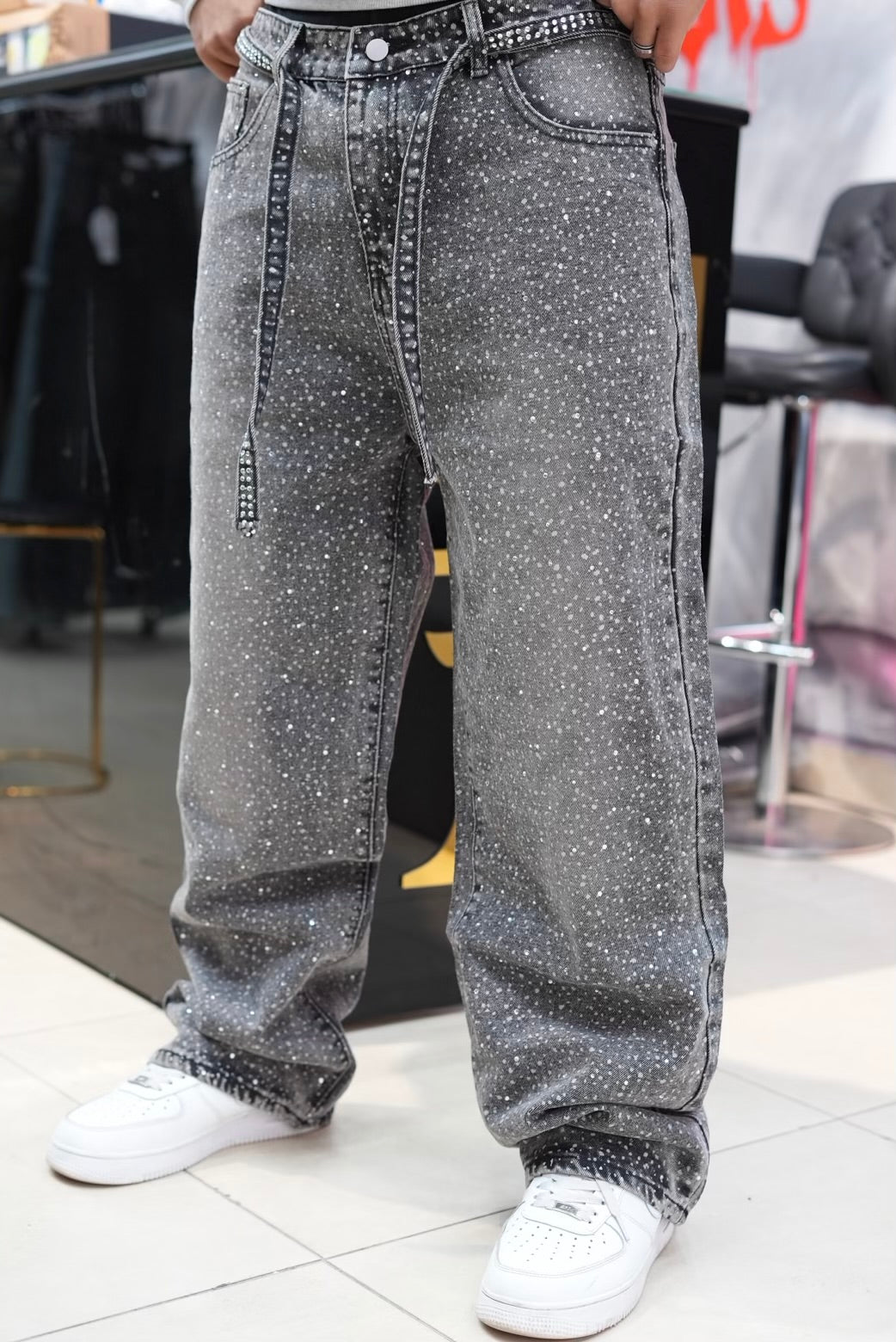 BAGGY JEANS STRASS GRIS