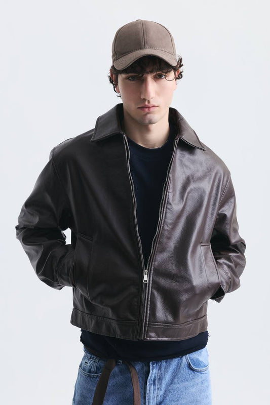 LEATHER JACKET ZIP BROWN ES E50-01