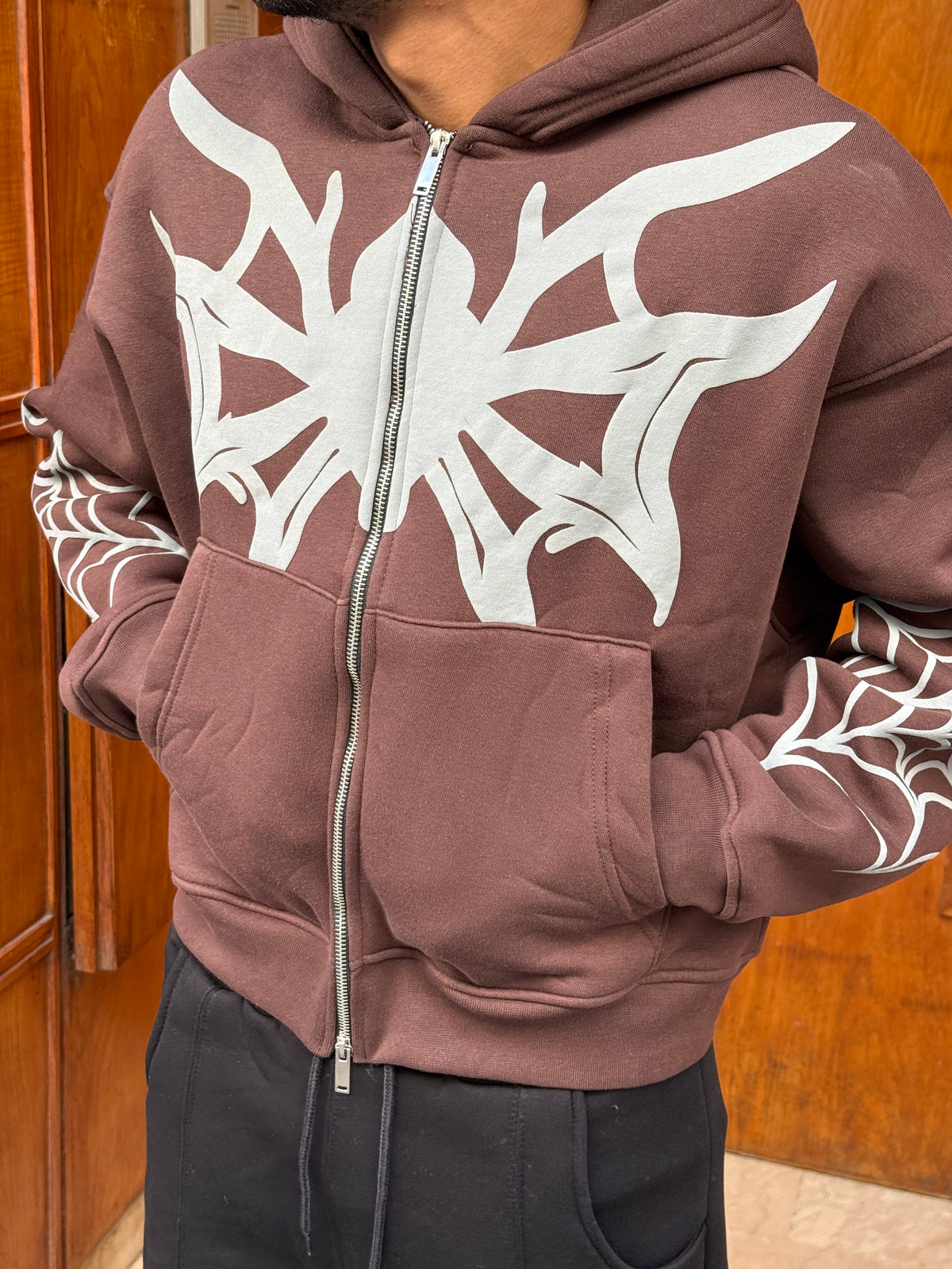 HOODIES CROP ZIP SPIDER BROWN BL