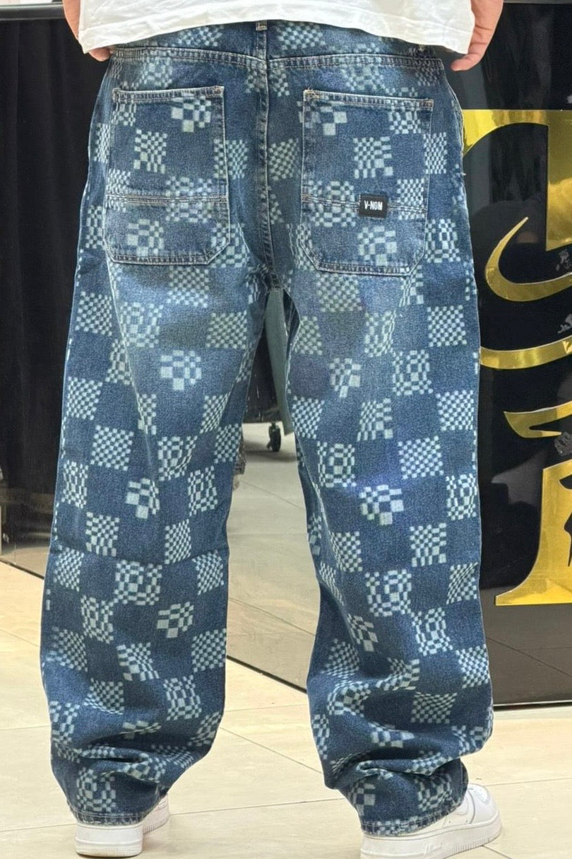 BAGGY JEANS CARREAU IMPRIME BLEU