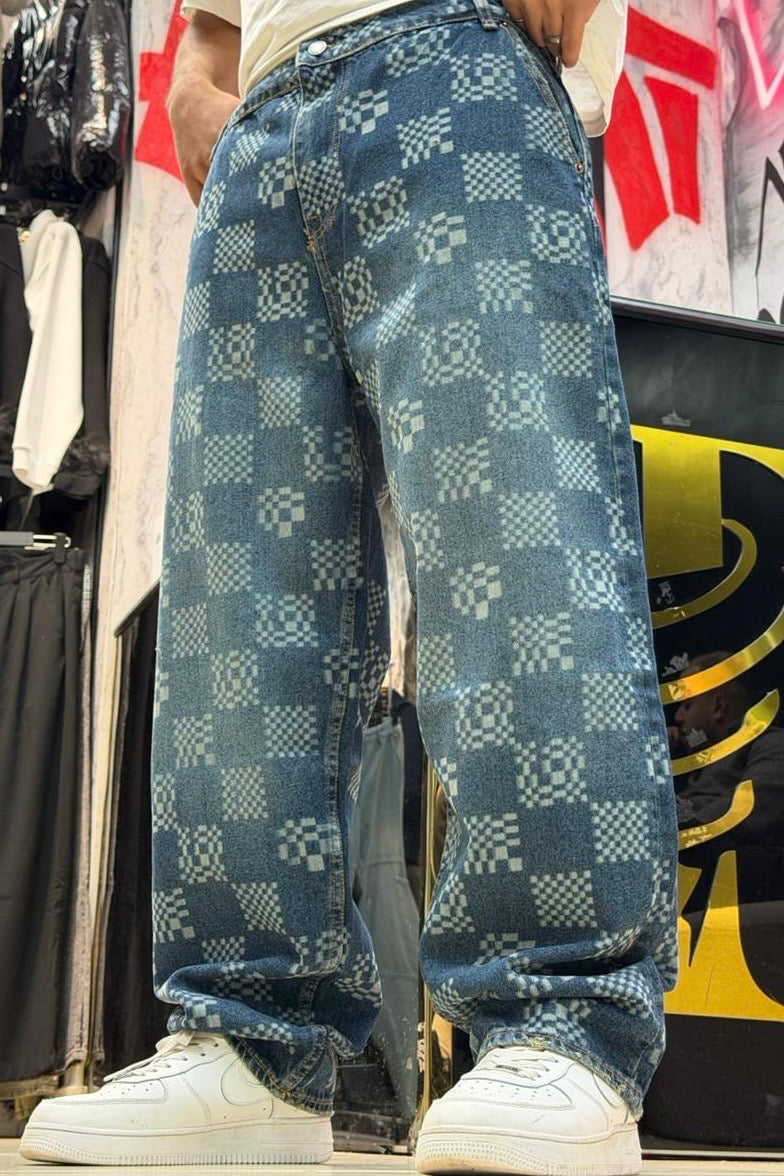 BAGGY JEANS CARREAU IMPRIME BLEU