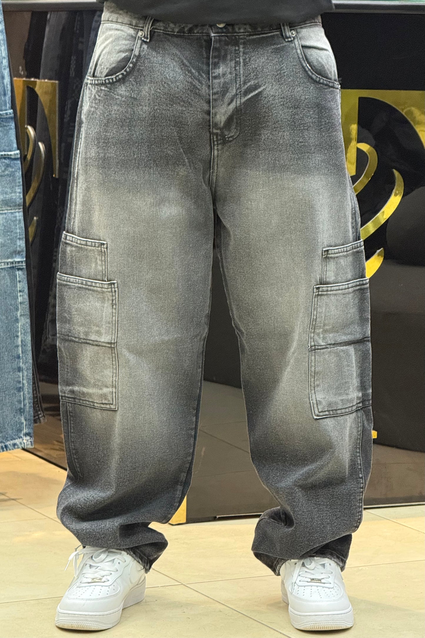 CARGO JEANS DOUBLE POCHE GRIS NOIR