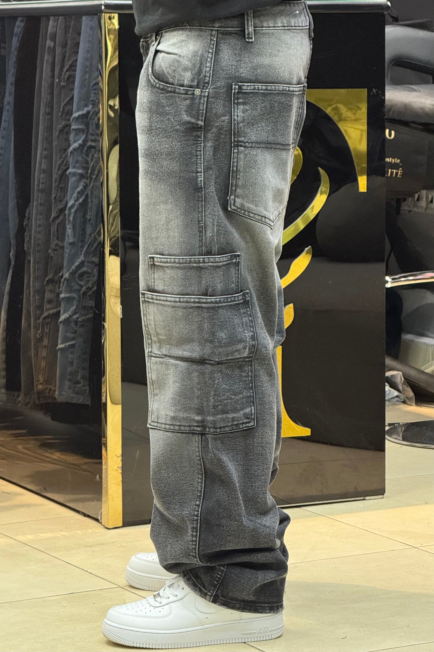 CARGO JEANS DOUBLE POCHE GRIS NOIR