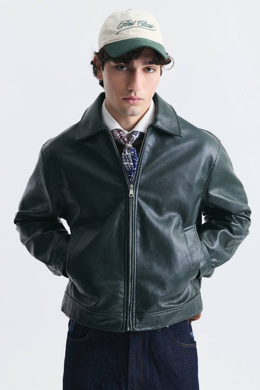 LEATHER JACKET ZIP GREEN ES E50-01