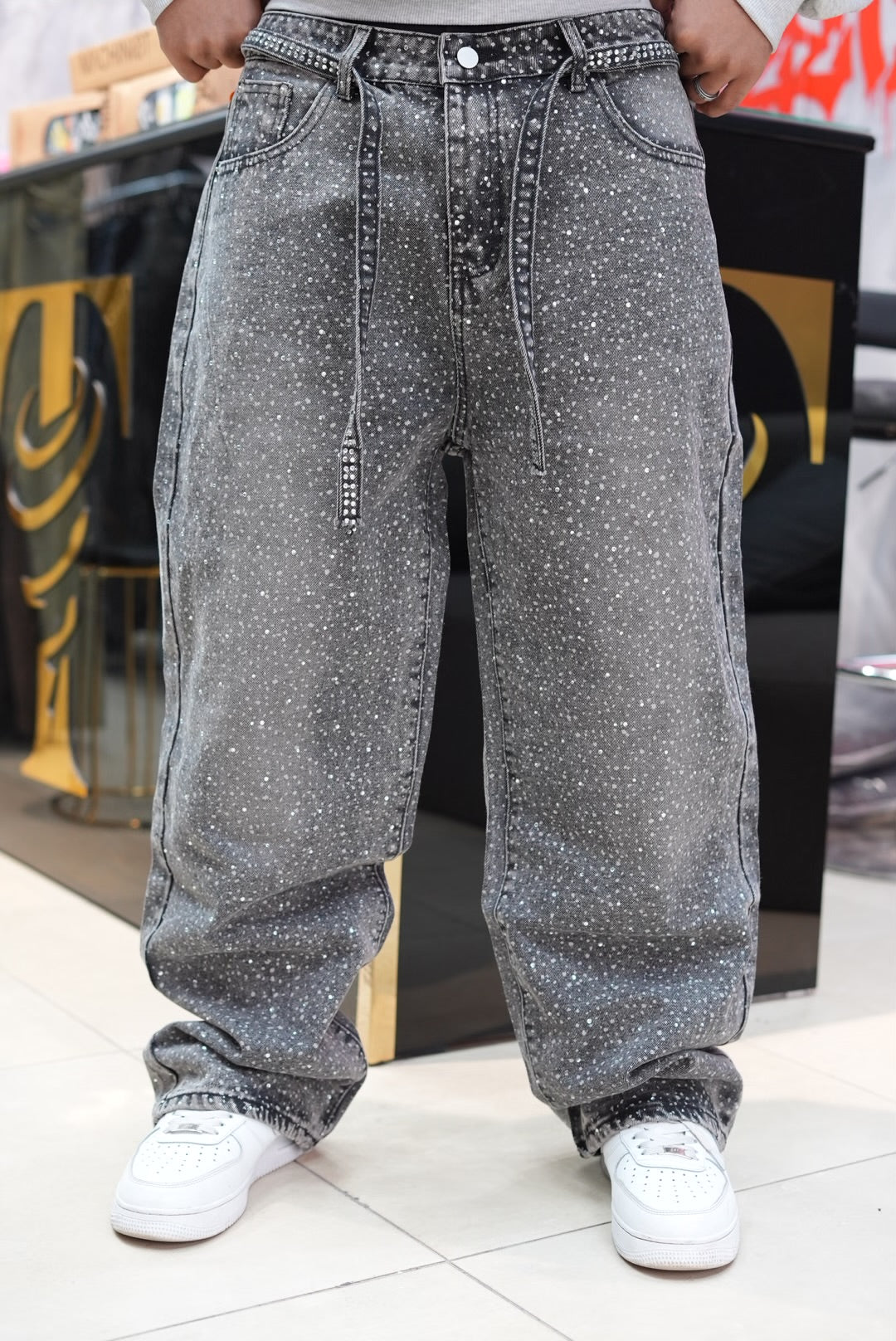 BAGGY JEANS STRASS GRIS