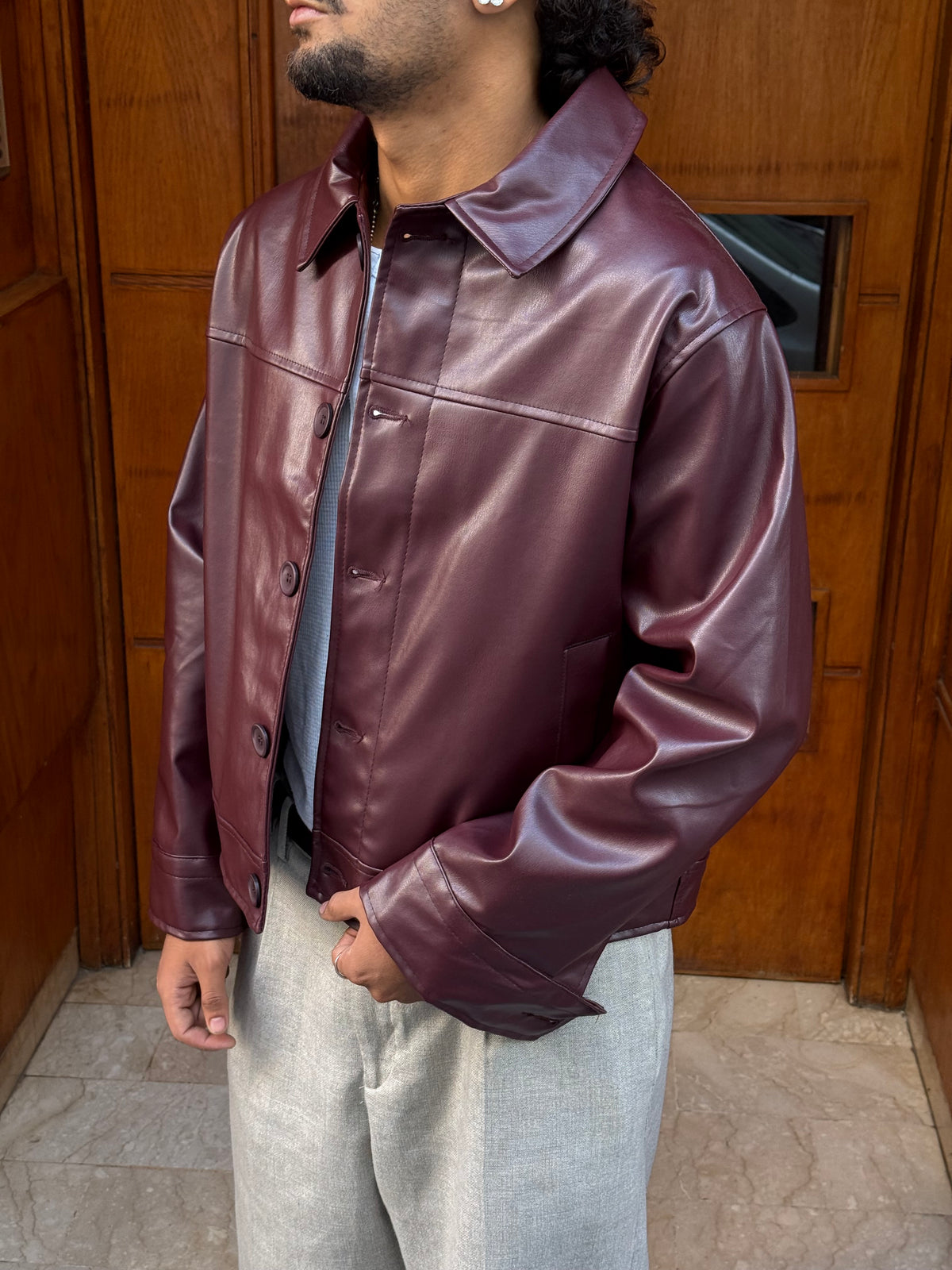 FAUX LEATHER JACKET CROP BURGUNDY PZ