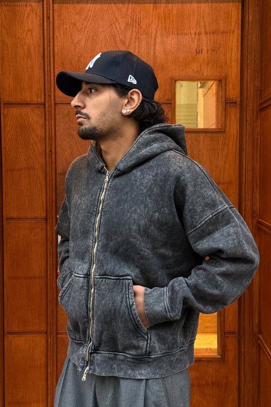 HOODIES ZIP WASHED BLACK BL