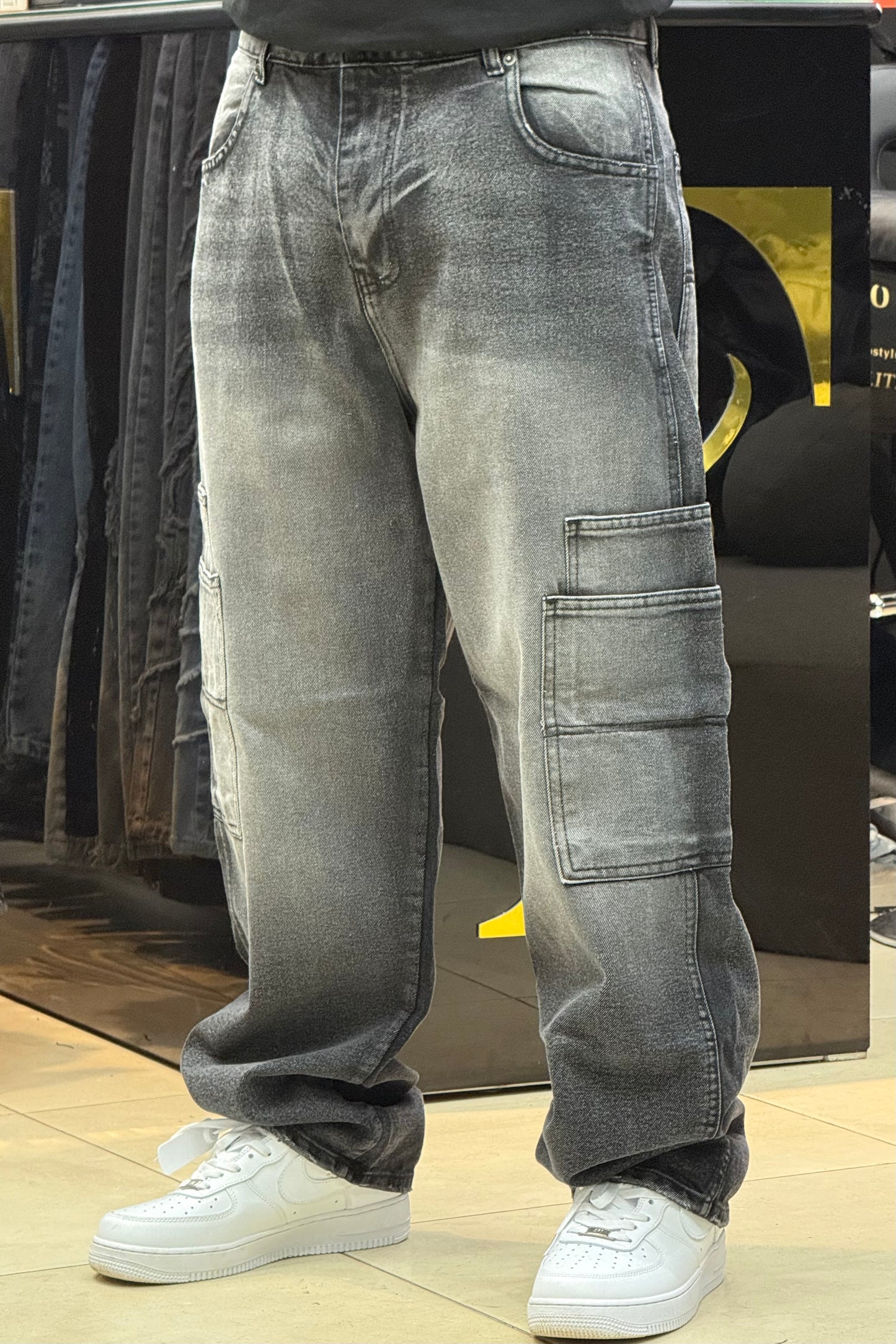 CARGO JEANS DOUBLE POCHE GRIS NOIR