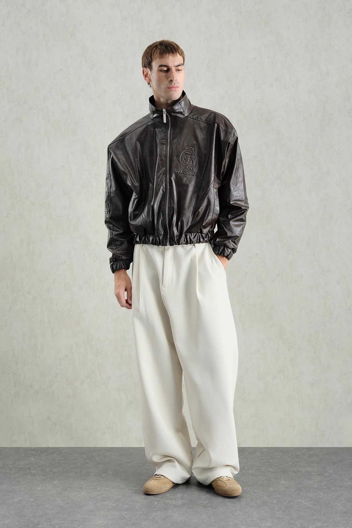 JACKET FAUX LEATHER CROP BROWN 5757