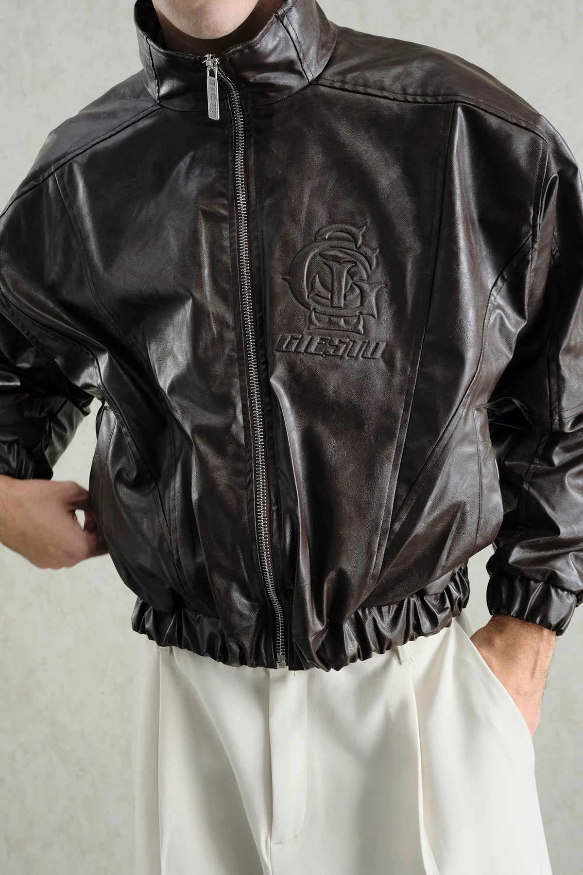 JACKET FAUX LEATHER CROP BROWN 5757