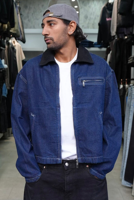VEST DENIM ZIP BLEU