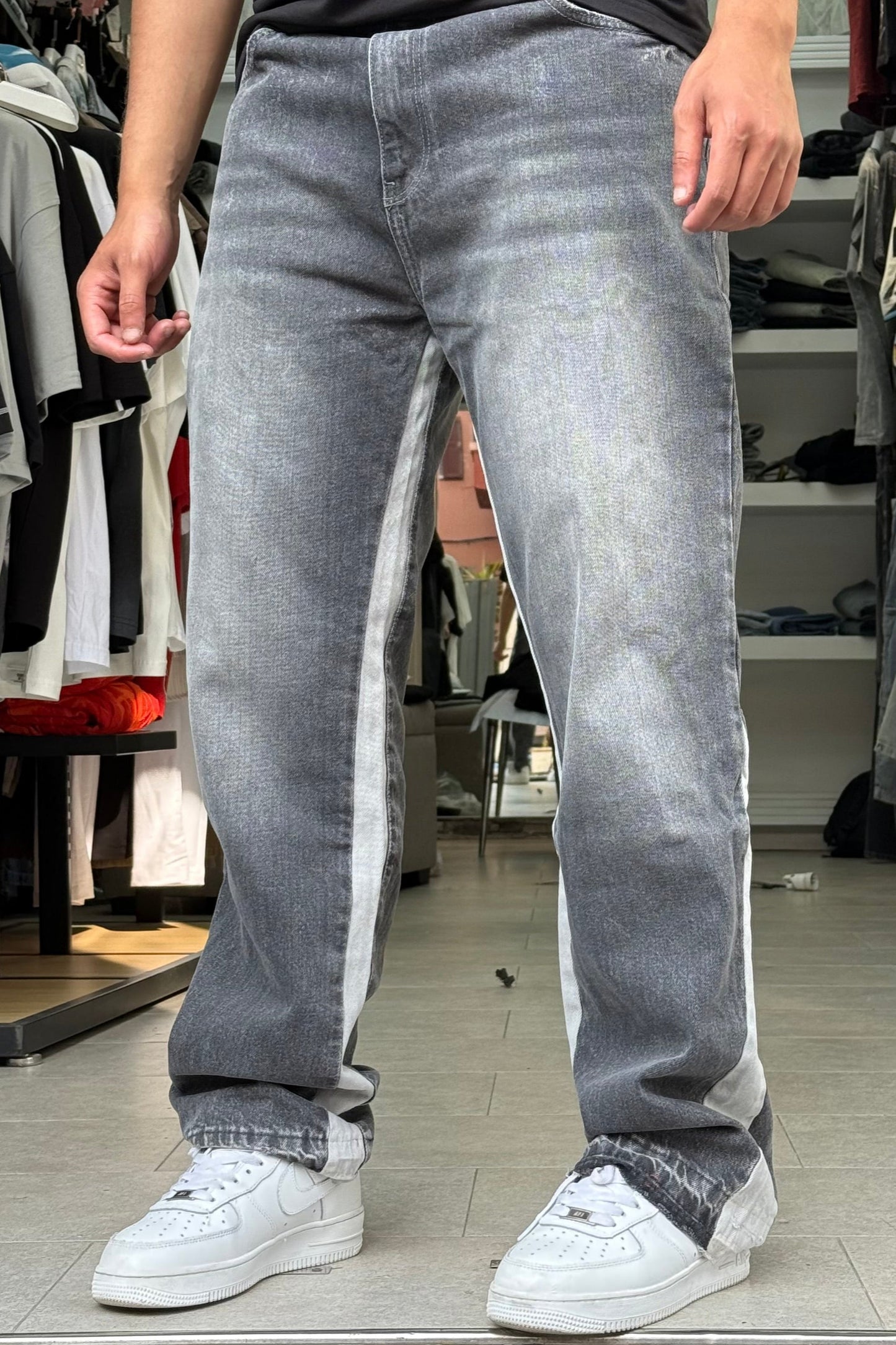 JEANS FLARE BANDE BLANC GRIS NOIR