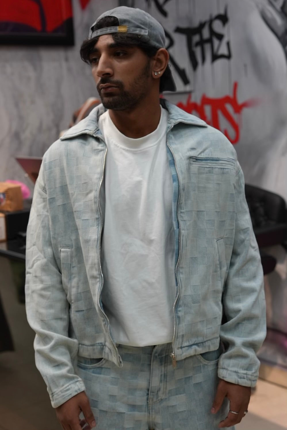 ENSEMBLE A CARREAUX BLEU DELAVE