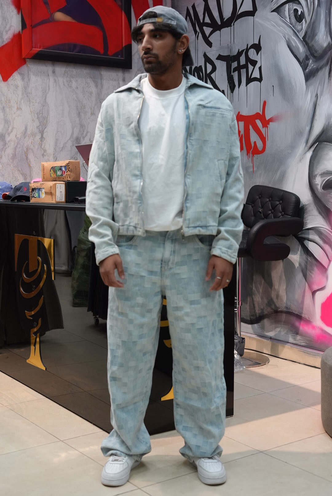 ENSEMBLE A CARREAUX BLEU DELAVE