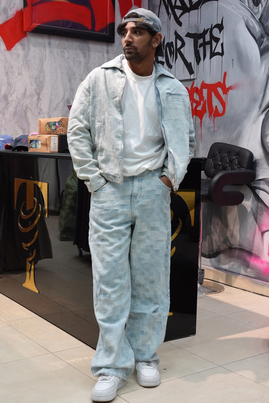 ENSEMBLE A CARREAUX BLEU DELAVE