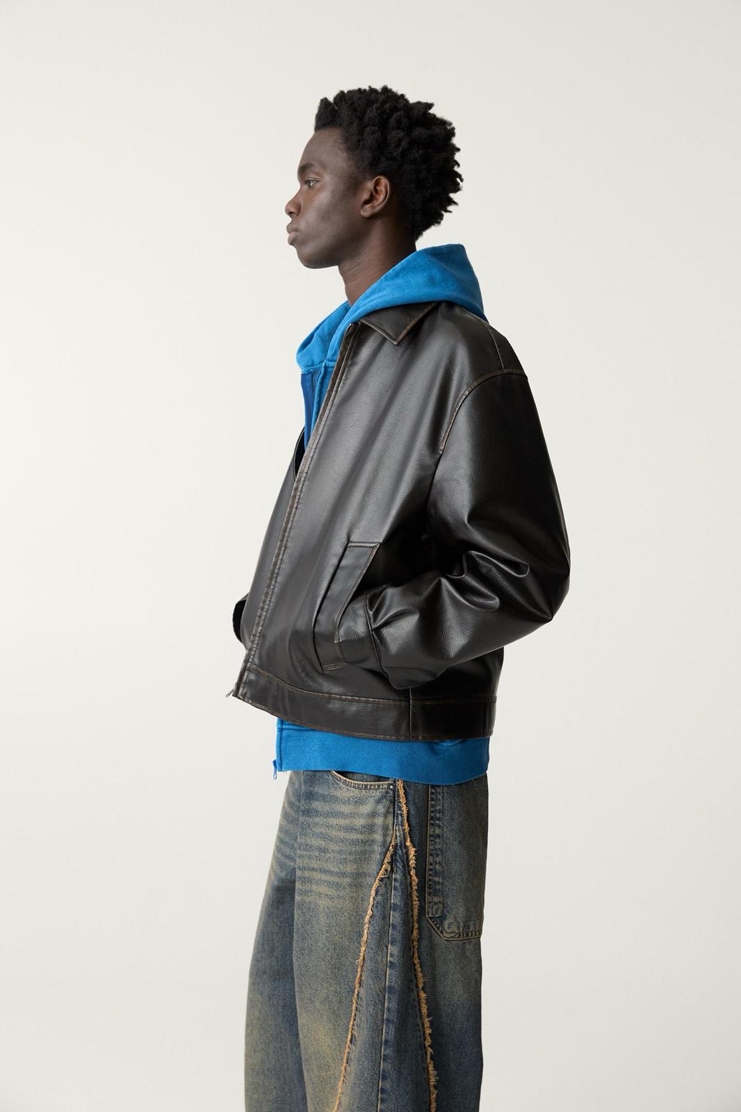 JACKET FAUX LEATHER BROWN ZIP P&B